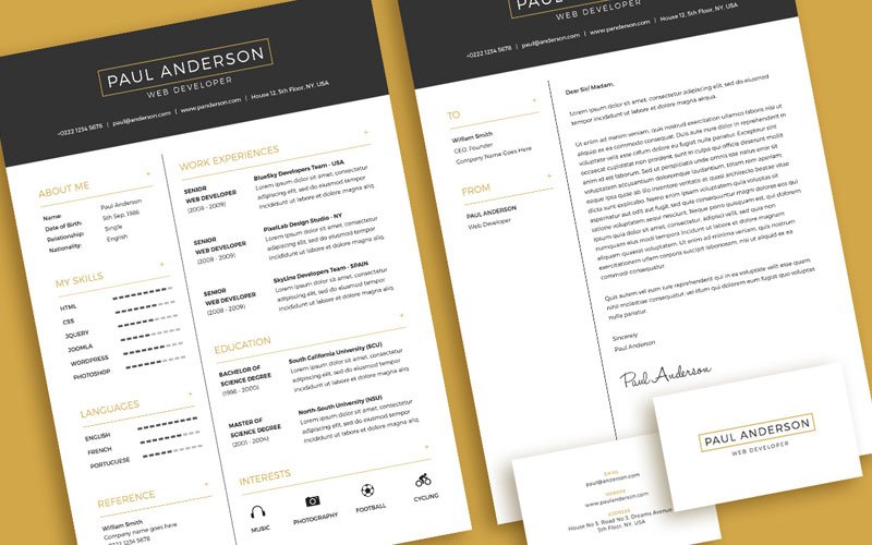 Free-Minimal-Resume-(CV)-Design-Template-With-Cover-Letter-&-Business-Card-Design-PSD-File