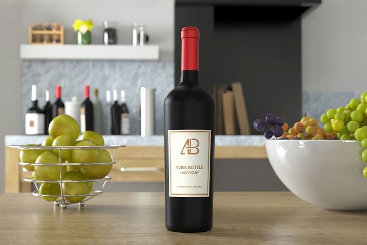 Free-Red-and-White-Wine-Bottle-on-Kitchen-Table-Mockup