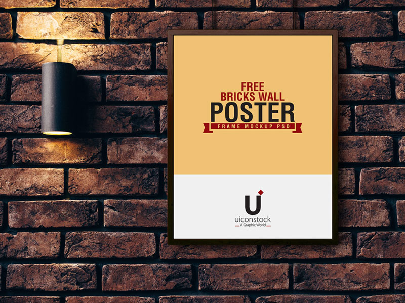 Hanging-Poster-Frame-Mockup-on-Bricks-Wall