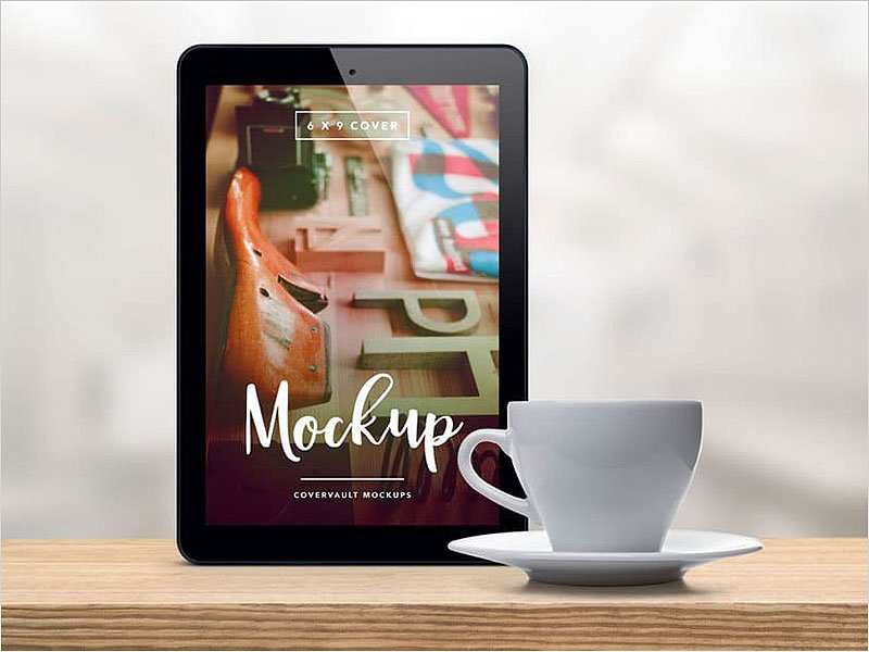 Upright-Tablet-with-Coffee-Cup-PSD-Mockup