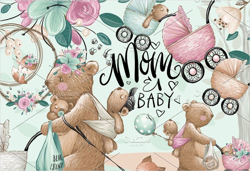 Mom-Baby-Clipart,-Bears-hand-painted